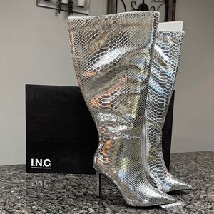 INC Silver Metallic Snake Print embossed wide calf Heeled Boots NWT 6W